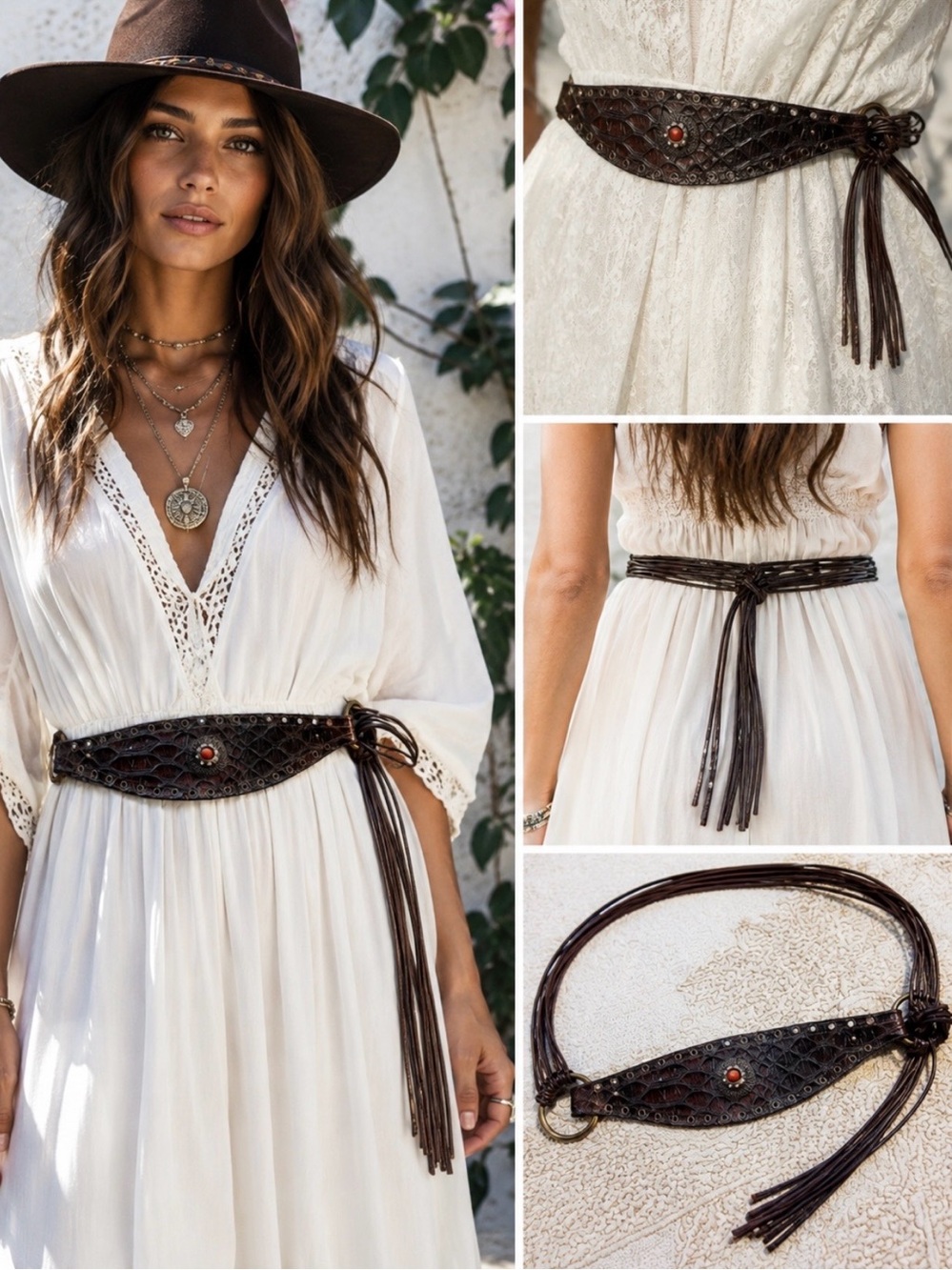 Berge Italian Leather Concho Belt  Multi-Strand Studded Tassel  - Medium💛